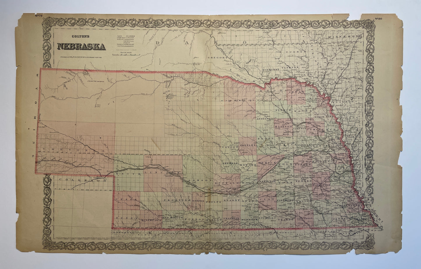 Antique 1867 Colton's Nebraska map