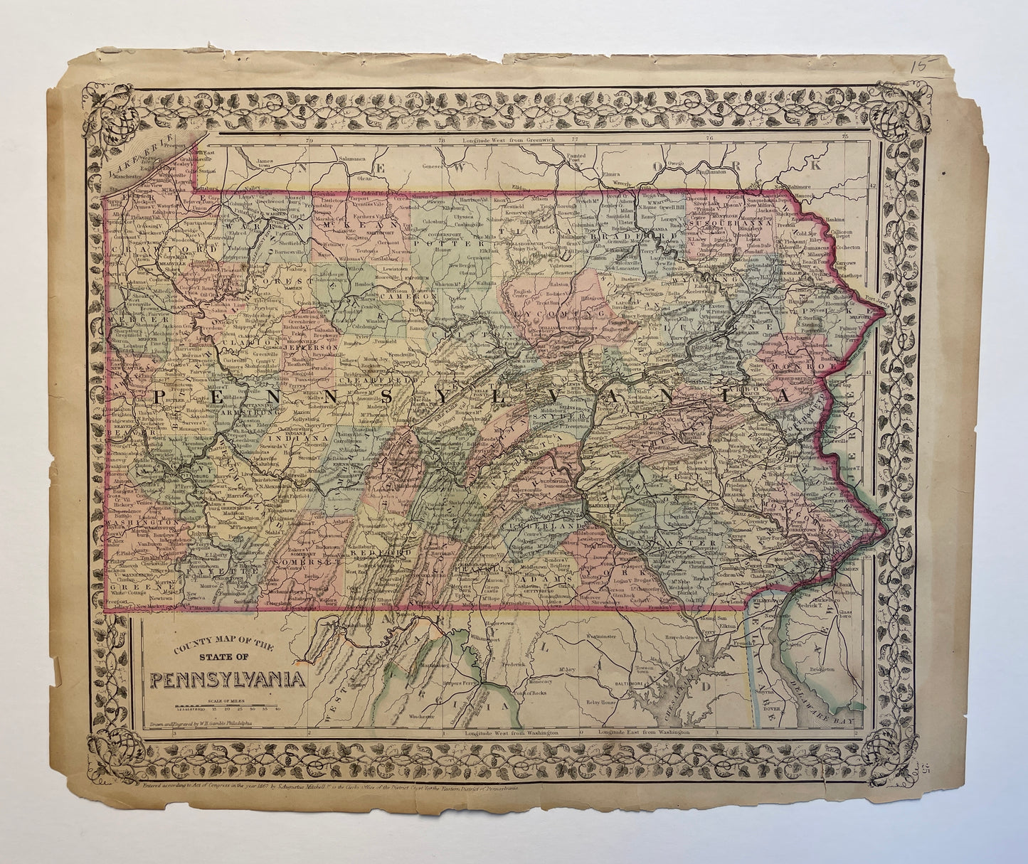 Antique 1868 county map of the state of Pennsylvania