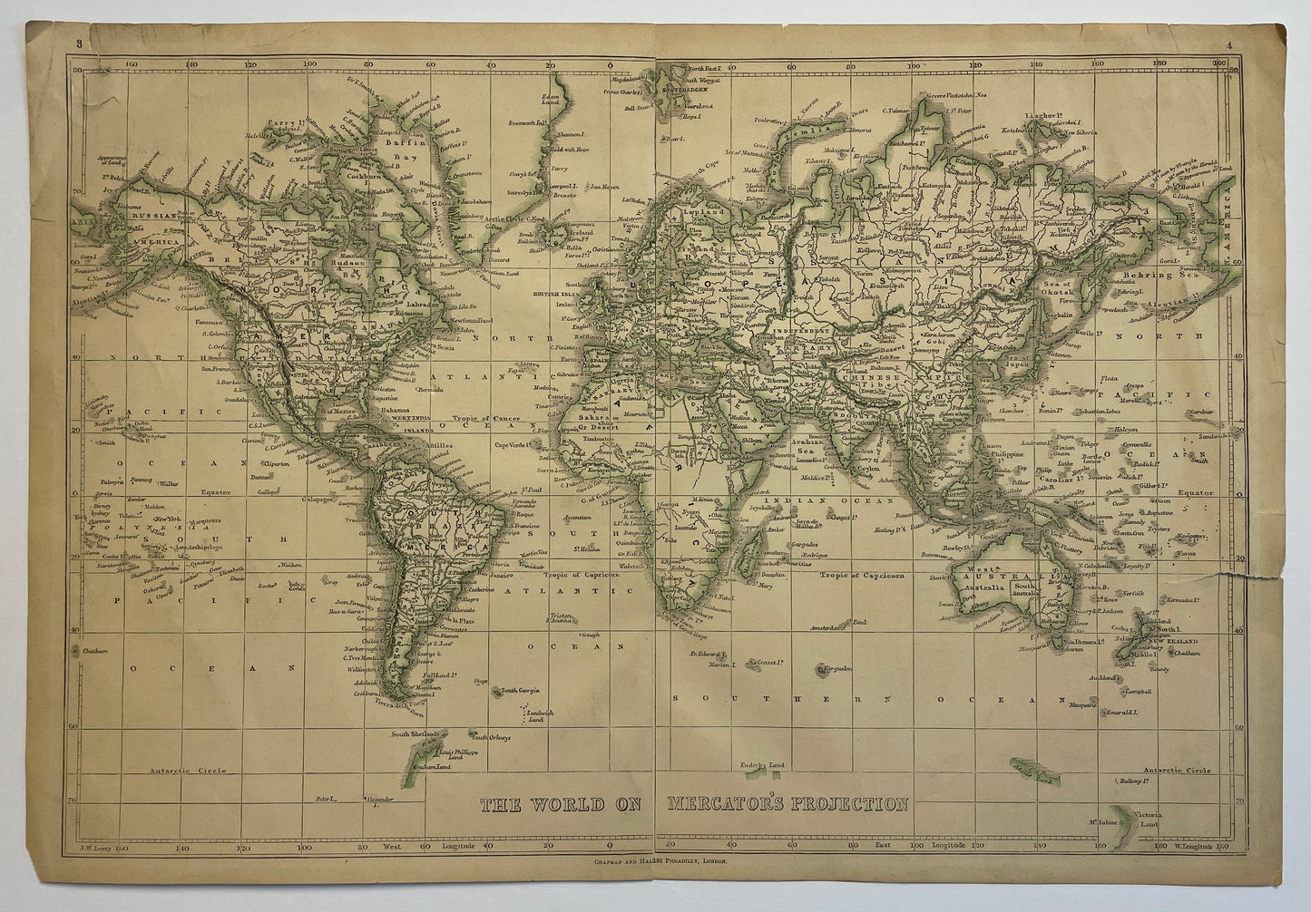 Antique 1855 map of the world on Mercator’s projection
