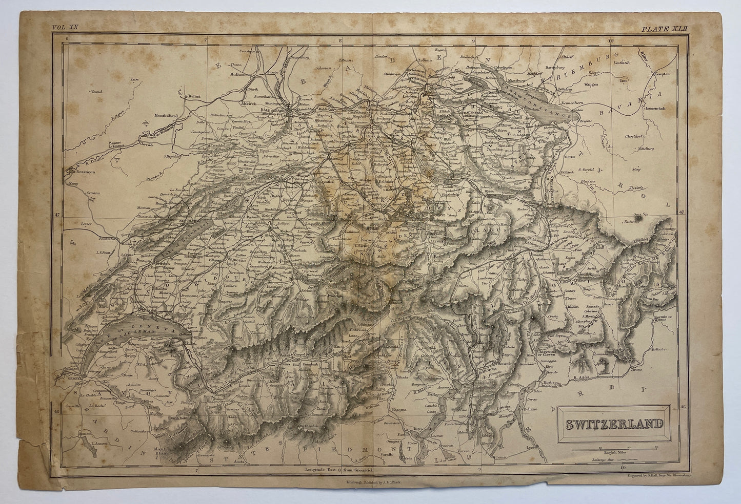 Antique circa 1844 Adam and Charles Black’s map of Switzerland