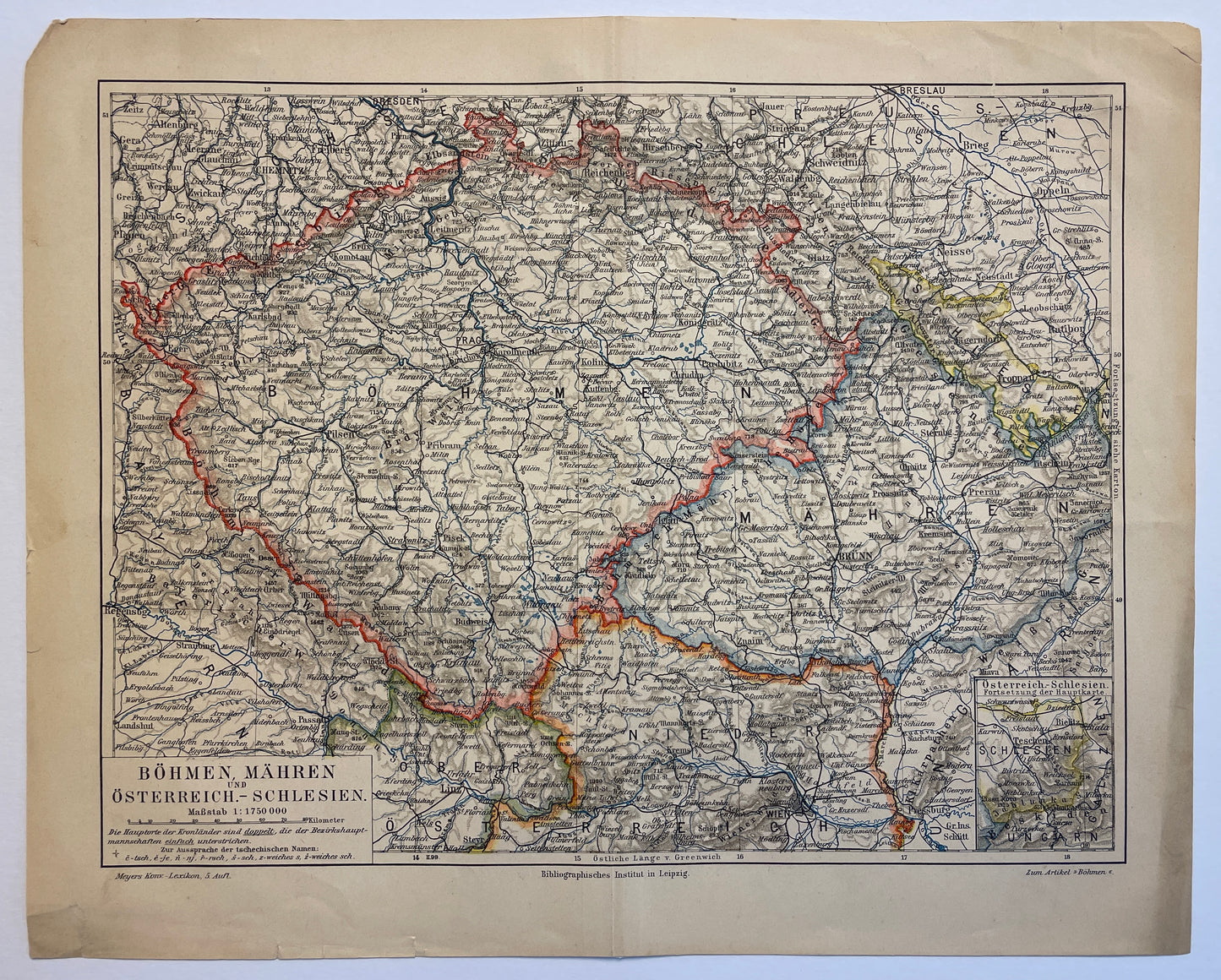 Antique 1898 map of Bohemia, Moravia and Austrian Silesia