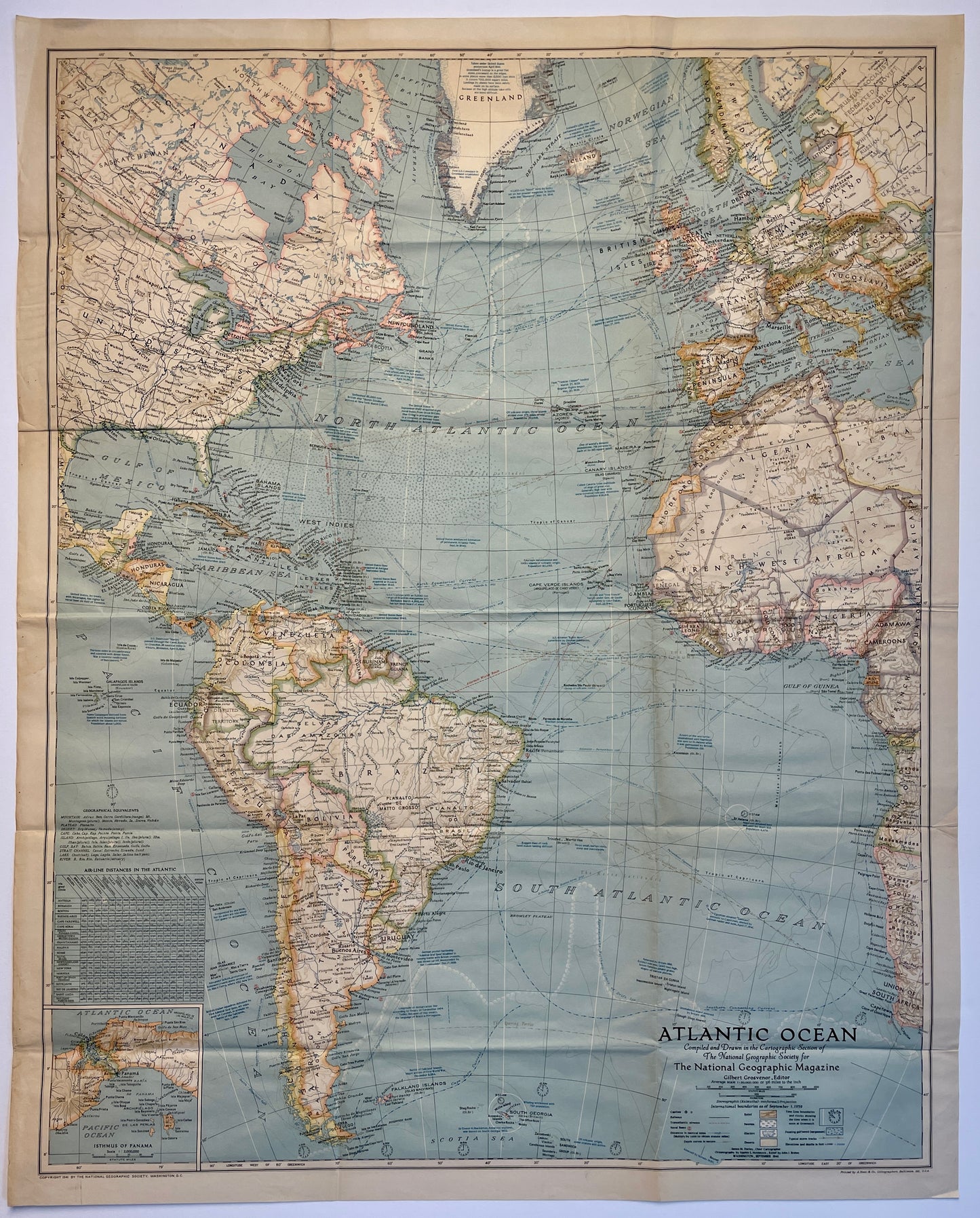 Vintage 1941 National Geographic map of the Atlantic Ocean