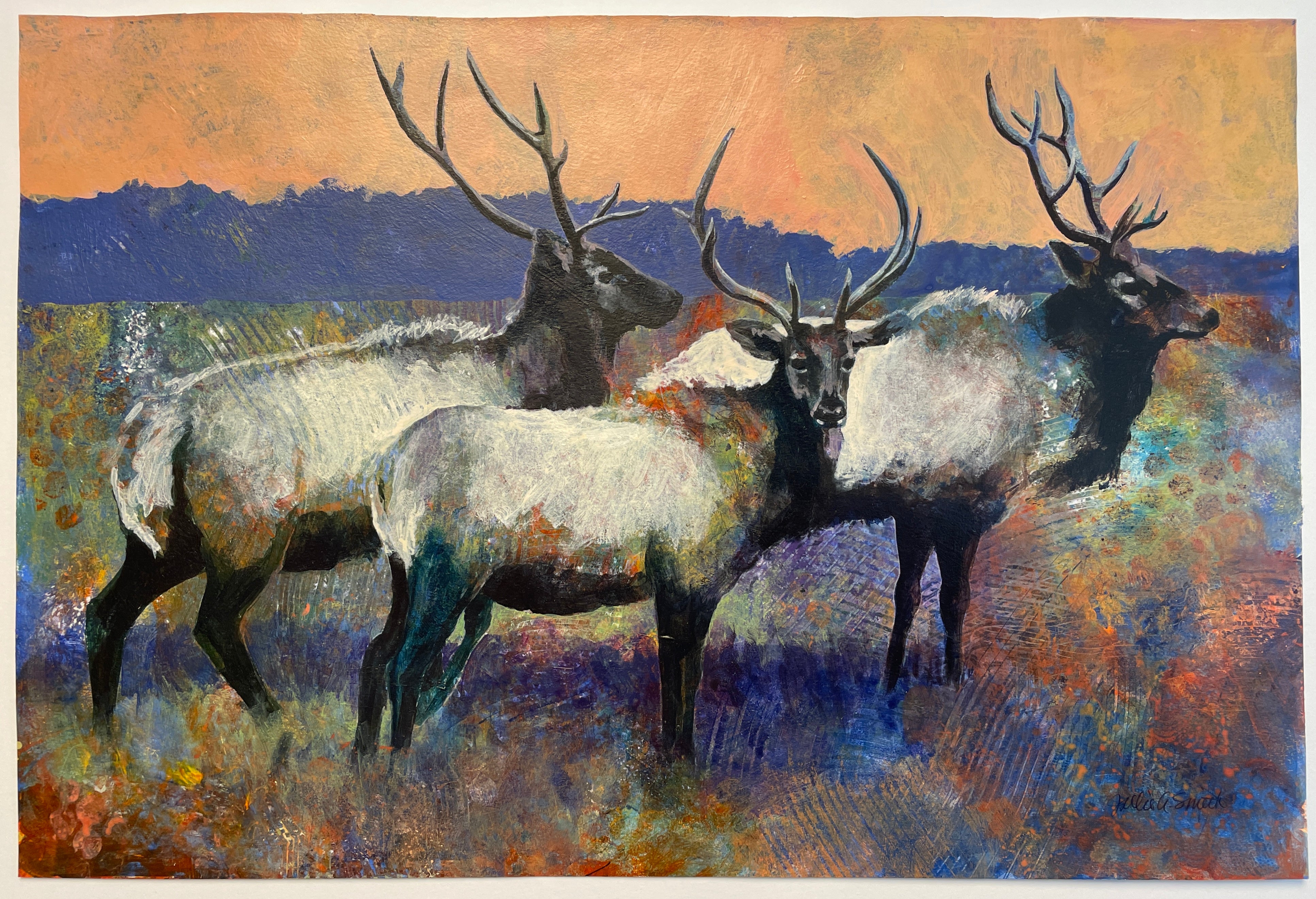 Painting of three elk in a colorful landscape – Biscarr Fine Art & Frames