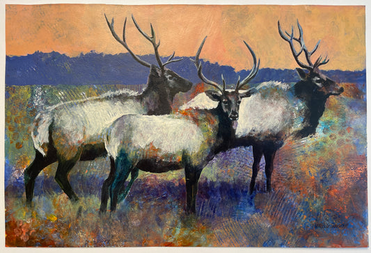 Painting of three elk in a colorful landscape